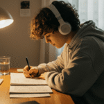 Student studying with calm piano music in the background to improve focus