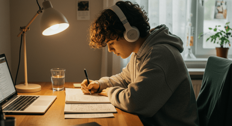 Student studying with calm piano music in the background to improve focus