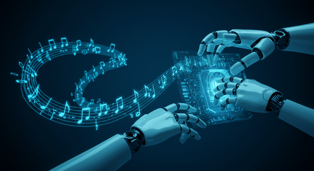 Abstract illustration of an AI music generator with glowing circuits and robotic hands.