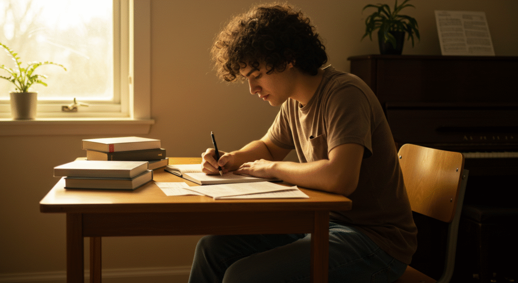 Peaceful student studying with soft piano music in a calm, natural environment.
