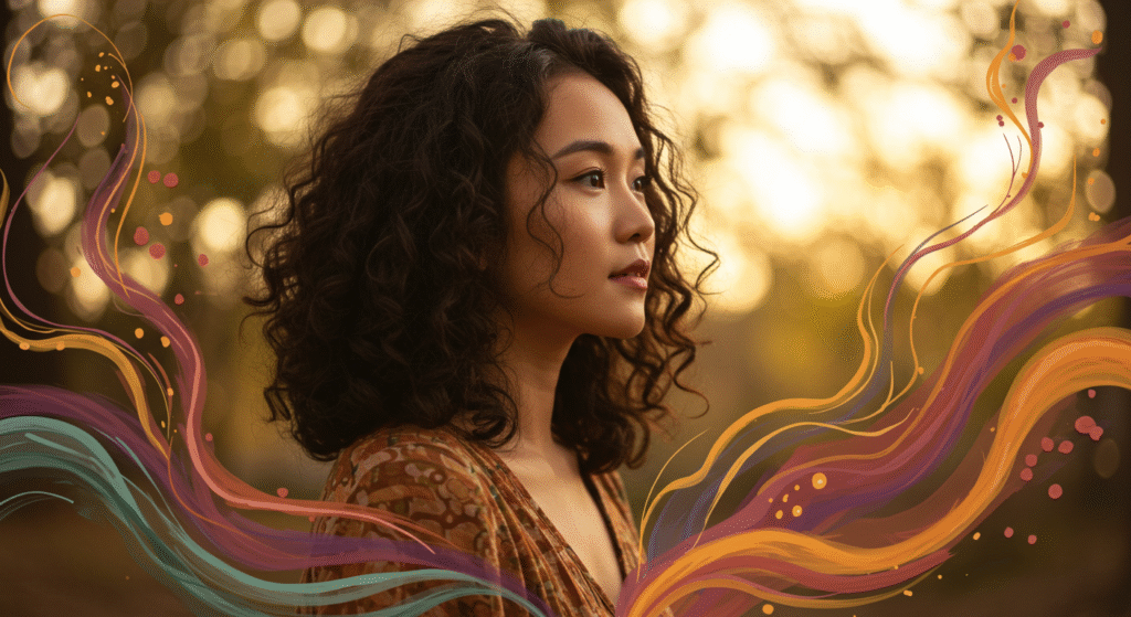 Human surrounded by soft colors symbolizing creativity and flow state.