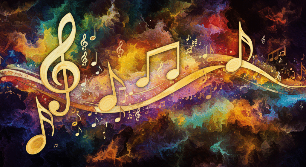 Image of creative flow in music, with bright colors and musical symbols