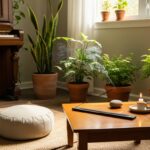 Serene meditation space with piano and natural light