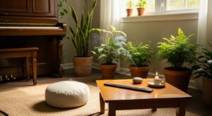 Serene meditation space with piano and natural light