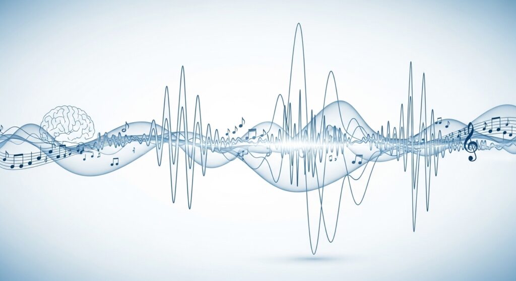 abstract brain and music notation image with waves