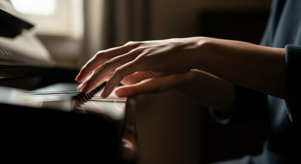 Hands playing piano with natural light
