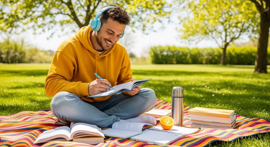 happy man studying outside