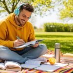 happy man studying outside