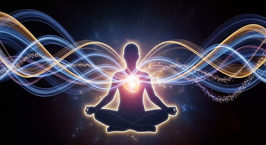 Abstract visual of meditating person connected to emotional sound waves