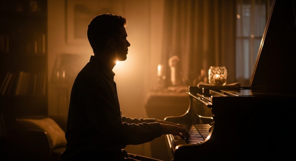 piano player in atmospheric shadow
